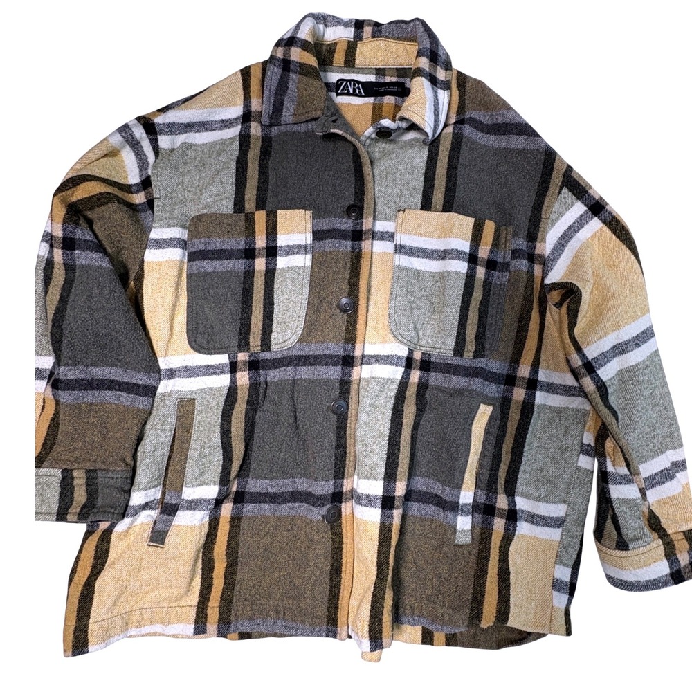 Zara Med Shacket Oversized Yellow Green Plaid Button Down Shirt Jacket Fall